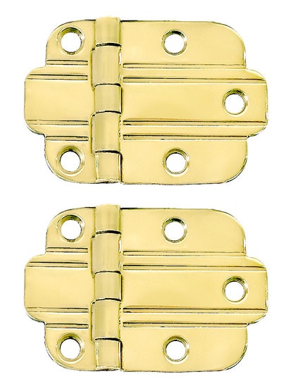 Pair of Solid Brass Art Deco Surface Cabinet Hinges in Unlacquered Brass.